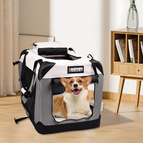 JESPET Soft Dog Crates Kennel for Pets, 3 Door Soft Sided Folding Travel Pet Carrier with Straps and Fleece Mat for Dogs, Cats(7-Light Grey, Large(30" L x 21" W x 23" H)) - color: 7-Light Grey