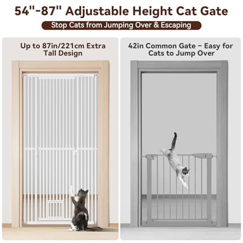 54"-87" Height Adjustable Extra Tall Cat Gate for Doorway, 27.1"-42" Extra Wide Pet Gate with Cat Door & Extension Kits, Pressure Mounted Dog Cat Barrier for Indoor Stairs, Studio, Kitchen (White)