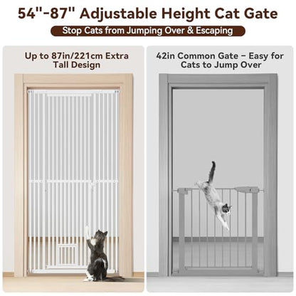 54"-87" Height Adjustable Extra Tall Cat Gate for Doorway, 27.1"-42" Extra Wide Pet Gate with Cat Door & Extension Kits, Pressure Mounted Dog Cat Barrier for Indoor Stairs, Studio, Kitchen (White)