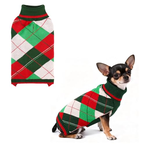KOOLTAIL Dog Christmas Sweater Pet Knitted Clothes - Classic Plaid Pull Over Turtleneck Dog Sweaters with Leash Hole Warm Dogs Winter Clothing for Small Medium Dogs Cats Puppy Boy Girl Red & Green XS - color: Red & Green, size: X-Small