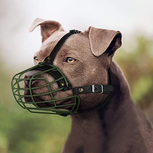 Pitbull Dog Muzzle Metal Mask Amstaff Secure Wire Basket Adjustable Durable Leather Straps for Large Dogs (Green) - color: Green