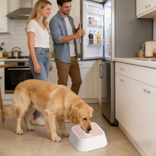 Spill Proof Dog Water Bowl 37oz, Large Capacity No Drip Pet Dispenser with Non-Slip Base, Slow Water Bowl for Dogs Puppies Indoor Outdoor Use, 22x22x8cm - color: Pink