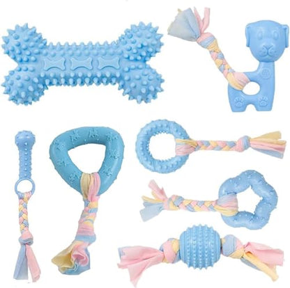 Puppy Chew Toys Set, Soft Rubber Teething Toys for Small Dogs, Durable Interactive Dog Toys with Cotton Rope, Pink & Blue 2 Colors