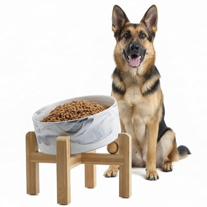 hjn Elevated Ceramic Dog Bowl 15°Slanted Raised Dog Bowl with Bamboo Stand for Small Medium Dogs and Cats, Pet Feeder -7.6-Cup (1800ml)-Marble Gray - color: Marble Gray, size: 7.6Cup