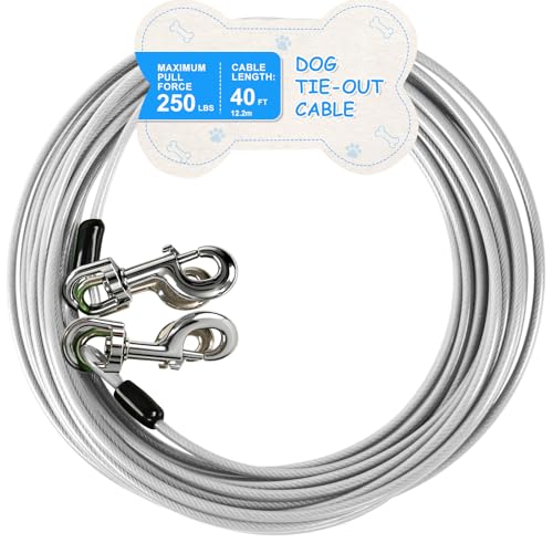 Tie Out Cable, 15/25/40/50 FT Runner Cable with Swivel Hook,Dog Leash Run Tether for Yard Outdoor and Camping,for Small to Medium Pets Up to 250 LBS（Silver） - color: New-Silver, size: 40Ft-250LBS