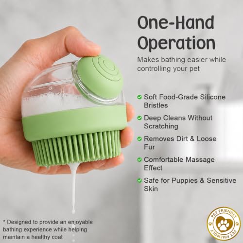 Dog Bath Brush with Shampoo Dispenser | Silicone Pet Grooming Scrubber for Dogs Cats and Puppies | Rubber Curry Tool for Bathing Deshedding and Massage | Easy Grip One Handed Design - color: Green