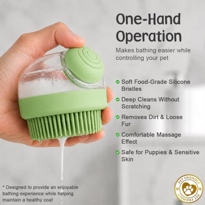 Dog Bath Brush with Shampoo Dispenser | Silicone Pet Grooming Scrubber for Dogs Cats and Puppies | Rubber Curry Tool for Bathing Deshedding and Massage | Easy Grip One Handed Design - color: Green