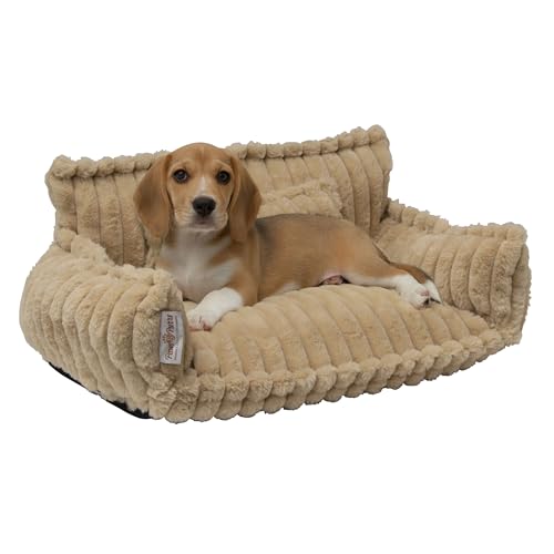 Grooved Pet Bed for Small to Medium Dogs or Cats, Soft Ribbed Corduroy-Style Polyester Fabric, Supportive Bolsters, Removable Cover, Non-Slip Base, Sofa Pet Lounger with Mini Play Cushion, Camel - color: Camel