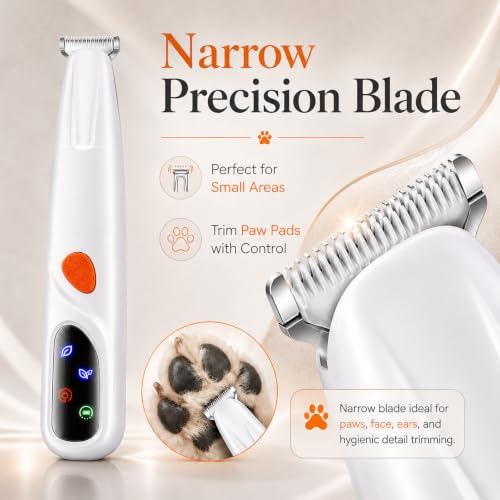 Dogs & Cats Paw Hair Trimmer, 2 Mode Electric Quiet Rechargeable Clipper with LED Light & 2 Wide Blades (0.8"), Waterproof for Paws, Ears, Face, Rump