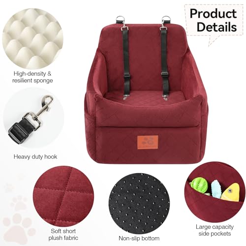GL GLENSLAVE Dog Car Seat for Small/Medium Dogs, Dog Booster Car Seats with Thick Cushion for Dogs Under 35lbs, Detachable Washable Pet Carseat with Storage Pockets, 2 Safety Belts(Red) - color: Red