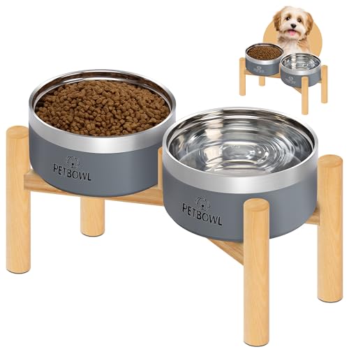 UPSKY Elevated Dog Bowls – 27oz Stainless Steel Anti-Spill Set with Wooden Stand, Double Raised Bowls for Small/Medium Dogs to Reduce Neck Strain & Improve Digestion - color: Grey