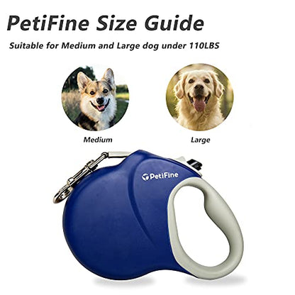 PetiFine 26ft/8m Heavy Duty Retractable Dog Leash for Large Dogs,Strong Extendable Dog Leash Up to 110 lbs, Reflective Nylon Tape Tangle Free (Blue) - color: Blue