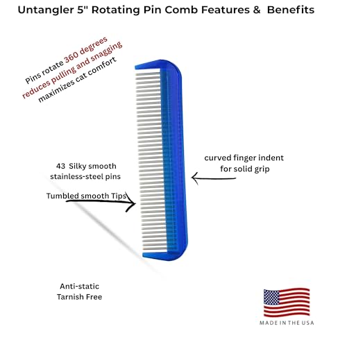 Cat Comb with Silky Smooth Rotating Teeth - Clears Mats Gently (5" Ultra Fine, 7" Dual-Spaced) (Blue, 5" Ultra Fine) - color: Blue, size: 5"