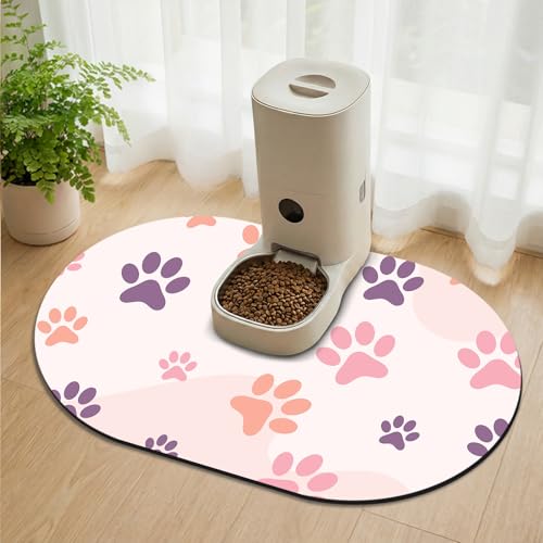 Large Pet Feeding Mat – 28''x17'' Absorbent Dog Mat for Food and Water, Easy Clean Cat Dog Water Bowl Mat, Non-Slip Pet Water Mat Protect Floor, Fit with Automatic Feeders and Double-Bowl - color: Pink Paw, size: 28''x17''
