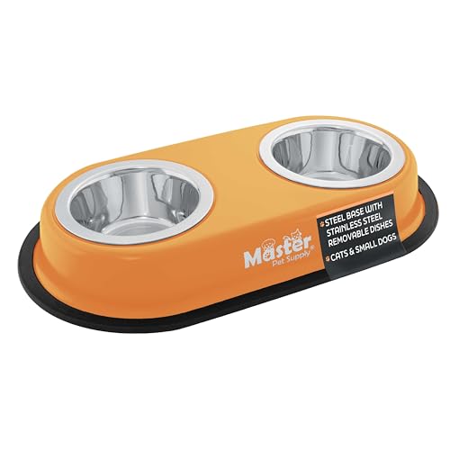 Master Pet Supply Double Dog Bowls Set with Elevated Base and 2 (8 oz) Stainless Steel Removable Dishes (Mango Tango) – Double Cat Food Water Bowl, Dog Puppy Food Bowl Set, Rust Resistant - color: Mango Tango