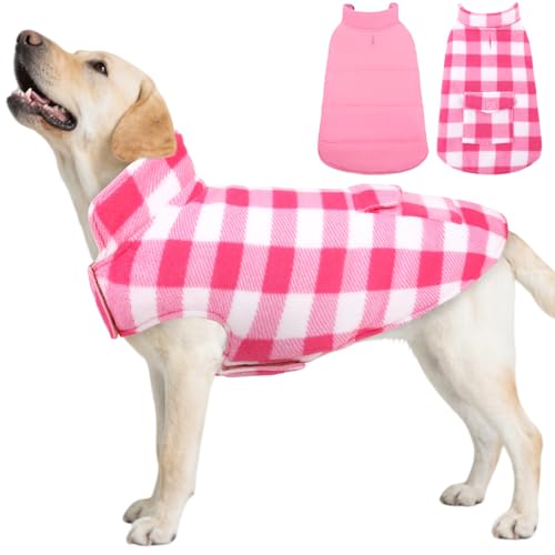 ASENKU Dog Winter Coat, Fleece Doggie Jacket Plaid Reversible Vest Waterproof Windproof Cold Weather Clothes for Small Medium Large Dogs (L, Pink) - color: Pink, size: Large