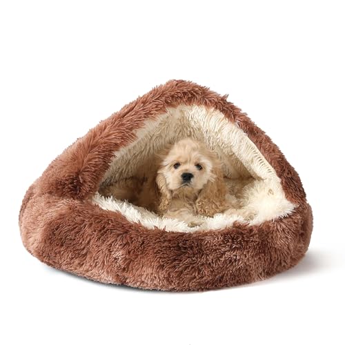 NOYAL Round Hooded Donut Dog Bed for Small & Medium Pets - Plush Fluffy Anti-Anxiety Cat Cave Bed with Cover - color: Bandhnu Coffee, size: Small 19.6''