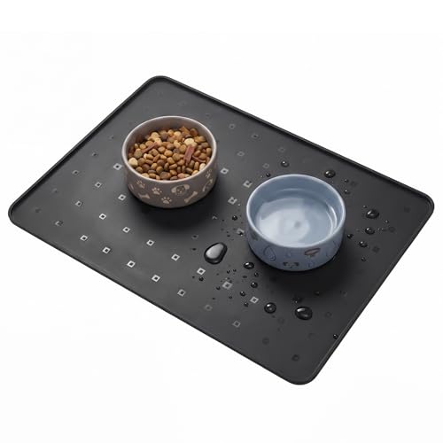 Silicone Pet Feeding Mat, 26x18 Inch Waterproof Dog Bowl Mat – Non-Slip, Machine Washable, Thin 0.23 Inch Edge for Messy Eaters, Protects Hardwood & Tile Floors, Black - color: black, size: 26"L x 26"W