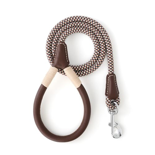 Mile High Life Dog Leash, Rope Leash with Genuine Leather Handle and Heavy Duty Metal Clasp, Great for Small Medium Large Dogs (Brown Check, 4FT) - color: Leather Handle-Brown Check, size: 48 Inch-1/2"
