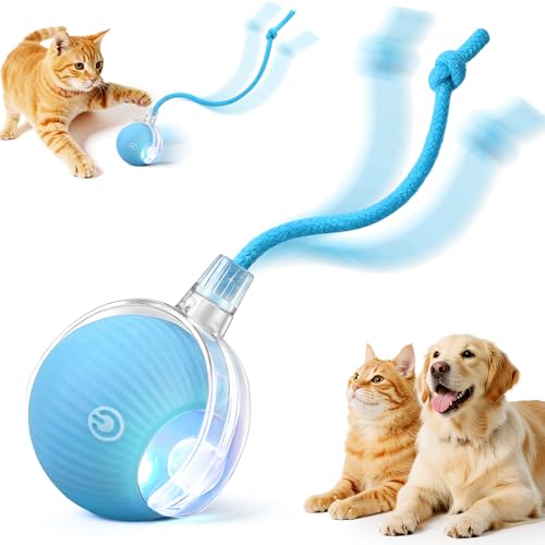 Smart Interactive Automatic Electric Rolling Moving Rechargeable Motion Activated Self Play Electronic Stimulation Chase Teaser Ball Toy with Rope for Indoor Bored Adult Cat and Dog, Blue - color: Blue