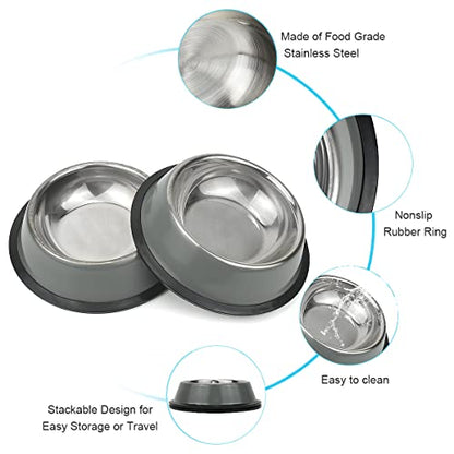 Stainless Steel Dog Bowls, Food and Water Non Slip Anti Skid Stackable Pet Puppy Dishes for Small, Medium and Large Dogs (2 Pack) - color: Grey, size: ¾ Cup/7 oz