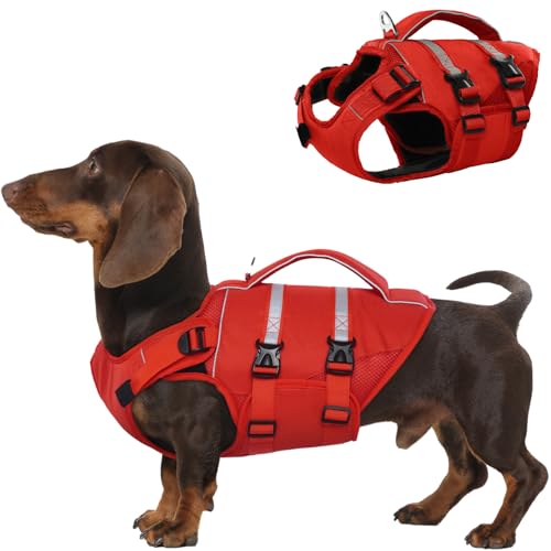 Kuoser Dog Life Jacket, High Flotation Dog Life Vest for Swimming Boating, Adjustable Ripstop Pet Lifesaver for Small Medium and Large Dogs, Reflective Safety Puppy Swimming Vest with Rescue Handle - color: A-Red, size: Xs (Chest Girth:12.99-18.11'')