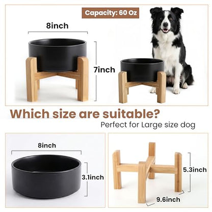 hjn Elevated Ceramic Dog Bowl with Bamboo Stand, Raised Pet Feeding Station for Small Medium Dogs Cats, Modern Design with Anti-Slip Base (Black, 7.6Cup) - color: Black, size: 7.6Cup