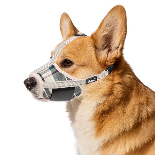PUPTECK Dog Muzzle, Soft Adjustable Loop Reflective Pet Muzzle Prevent Biting Barking Chewing, Breathable Muzzle with Air Mesh Dog Mouth Guard Drinkable for Large Medium Small Sized, Beige Plaid M - color: Beige, size: M (Snout Cir: 5.5"-7.87")