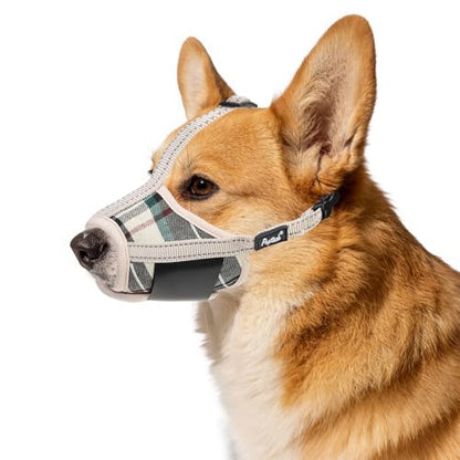 PUPTECK Dog Muzzle, Soft Adjustable Loop Reflective Pet Muzzle Prevent Biting Barking Chewing, Breathable Muzzle with Air Mesh Dog Mouth Guard Drinkable for Large Medium Small Sized, Beige Plaid M - color: Beige, size: M (Snout Cir: 5.5"-7.87")