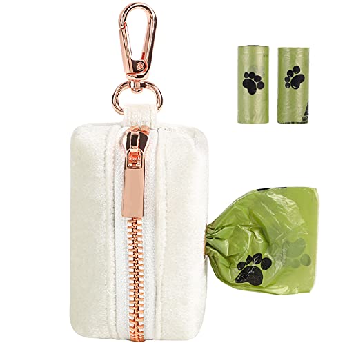 ARING PET Velvet Dog Waste Bag Holder, White Doggy Poop Bags Dispenser Attach to Any Leashes, Portable Washable Pet Waste Pouch Dispenser with Metal Zipper - color: A:white