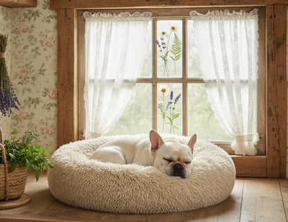 The Dog’s Bed Calming Donut Dog Bed, Plush Faux Fur Round Cuddler Nest – CertiPUR-Certified Foam, One-Piece Design, Raised Bolster – Medium (30"), Beige