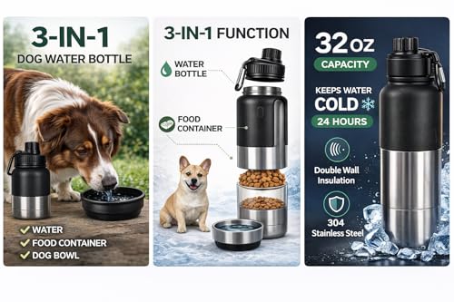 Portable Dog Water Bottle with Built-in Bowl, Leakproof Pet Travel Water Dispenser, 32oz Stainless Steel Dog Water Bottle for Walking, Hiking, Camping & Outdoor Travel