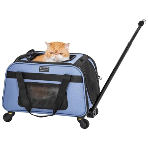 Petsfit Pet Carrier with Wheels, Rolling Cat Carrier for Small Cats, Airline Approved Pet Carrier with Telescopic Handle Perfect for Travelling Under 13lb,Blue - color: Blue, size: 20.1"L x 12.2"W x 14.2"H