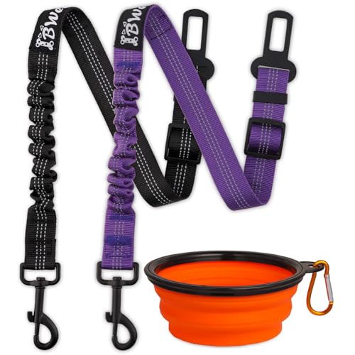 IBWell Dog Seat Belt,3 Piece Set Retractable Dog Car Harness Adjustable Dog Seat Belt for Vehicle Nylon Pet Safety Seat Belts Heavy Duty & Elastic (Black & Purple) - color: Black & Purple