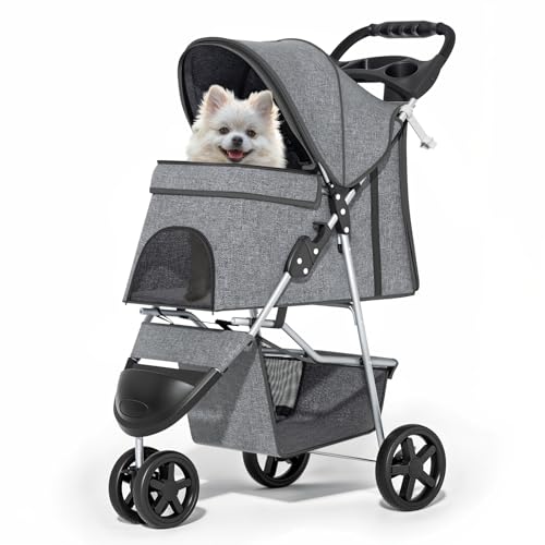 MoNiBloom 3 Wheels Pet Dog Cat Stroller for Small Medium Dogs and Cats, Lightweight Foldable Jogger Stroller w/Storage Basket and Cup Holder, Gray - color: Gray