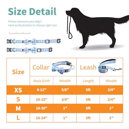 IVY&LANE Dog Collar with Bowtie and Leash Set | Plaid Adjustable Dog Collar | Detachable Bow Tie |5 FT Dog Leash | for Small Medium Large Dogs | Checkered Blue | Small - color: Checkered Blue, size: S