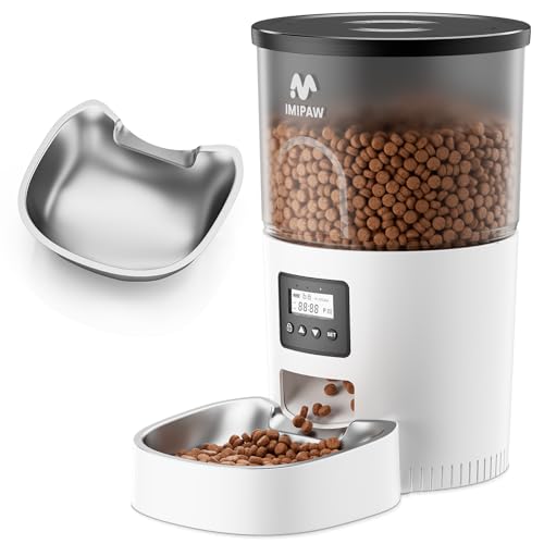 IMIPAW Automatic Cat Feeder, 3L Timed Pet Dry Food Dispenser with Clog-Free Design, Auto Feeder for Cats, 1-6 Meals Per Day, Desiccant Bags, with Stainless Steel - color: White Black, size: 3l
