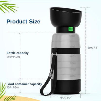 Pecute Upgraded 22 oz Dog Water Bottle with 5 oz Food Container, Portable Dog Travel Water Bottle Dispenser, Leakproof, BPA Free, Lightweight, Pet Water Bottle Bowl for Outdoor Walking Hiking Camping | Portable, Leakproof, includes Foldable Bowl, Lightwei