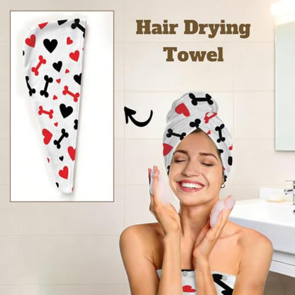Hearts Dog Bones Microfiber Bathrobe and Hair Towel Wrap Set for Women Quick Dry Shower Towels Wrap Absorbent Soft Bath Robe and Hair Drying Cap for Spa After Shower