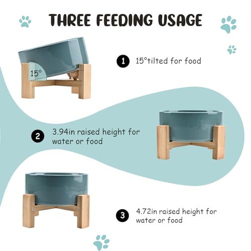 SPUNKYJUNKY 15° Slanted Ceramic Dog and Cat Bowl with Wooden Stand, Tilted Bulldog Food and Water Bowl No Slip Non-Spill for Cats Medium Dogs Big Face Pets 28.7 OZ (3.6 Cups, Light Green) - color: Light Green, size: 3.6 CUPS × 1