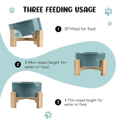 SPUNKYJUNKY 15° Slanted Ceramic Dog and Cat Bowl with Wooden Stand, Tilted Bulldog Food and Water Bowl No Slip Non-Spill for Cats Medium Dogs Big Face Pets 28.7 OZ (3.6 Cups, Light Green) - color: Light Green, size: 3.6 CUPS × 1