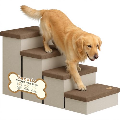 4-Step Wide Dog Stairs with Hidden Storage 23" H, Non-Slip Dog Steps for High Bed Couch Car, Jiont-Friendly Pet Stairs Ramp for Small/Medium/Large Old Dogs Cats Up to 220lbs, Beige&Coffee Lid - color: Beige+Coffee Lid, size: 4-Steps Storage (40"D x17"W x2