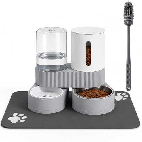 Gravity Cat Feeder 2 Pack Automatic Food Feeder and Water Dispenser Set Detachable Pet Bowl with Silicone Mat and Brush for Cats Small Medium Dogs, Large Capacity(Grey) - color: Grey-With mat/brush
