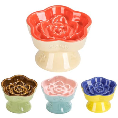 S&Q's CERAMICS Raised Slow Feeder Cat Bowl, Ceramic Glass Elevated Pet Food Bowl Small Dogs Slow Feeder, Flower Shaped Cute Dish for Dry and Wet Food (Orange, 5.8") - color: Orange
