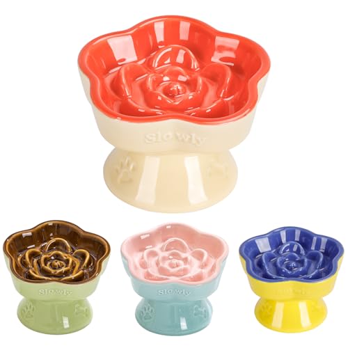 S&Q's CERAMICS Raised Slow Feeder Cat Bowl, Ceramic Glass Elevated Pet Food Bowl Small Dogs Slow Feeder, Flower Shaped Cute Dish for Dry and Wet Food (Orange, 5.8") - color: Orange