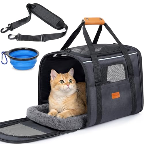 Morpilot Pet Carrier for Large Cats, Puppies & Small Dogs Up to 25lbs, Escape-Proof with Locking Zippers, Dual-Sided Cushion, Safety Buckle for Car & Vet Travel, Includes Foldable Bowl (Dark Gray) - color: Dark Gray, size: 18.0"L x 12.5"W x 14.0"H