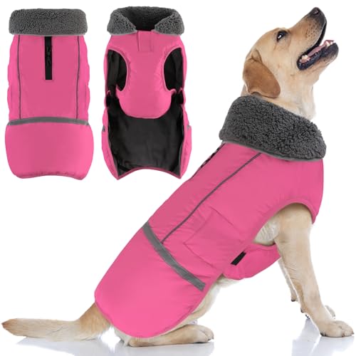 Doglay Dog Coat, Waterproof Dog Jacket Pet Winter Coat for Cold Weather with Thicken Furry Collar, Reflective Puppy Winter Jacket Warm Fleece Lining for Small Medium Large Pets - color: Bright Pink, size: S(Chest : 11-18.11" , Back : 9.84")