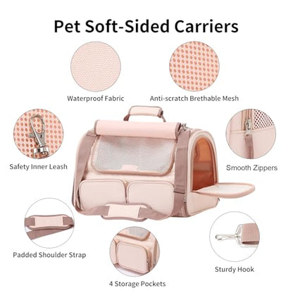FUKUMARU Cat Carrier, 4 Mesh Windows Small Dog Carrier, 4 Storage Pockets Cat Travel Bag, Under 15 lb Airline Approved Pet Carrier, Rollable Cover for Nervous Cats, Pink - color: Pink