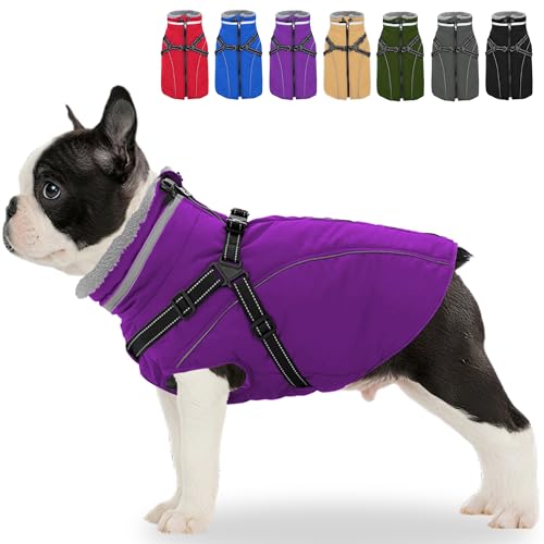 Fragralley Dog Coat with Harness Built in, Waterproof Windproof Reflective Warm Puffer Jacket, Fleece Lined Vest Winter Parka for Small, Medium, Large Dogs - color: Purple, size: Small