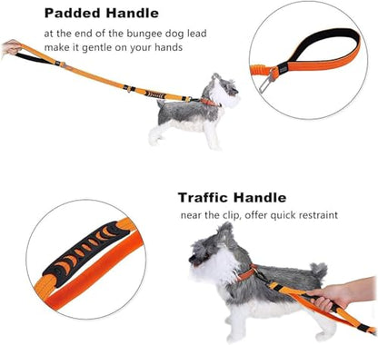 No-Pull Shock Absorbing Bungee Leash for Large Dogs, 4-6 FT Heavy Duty Dog Leash with Traffic Handle & Seat Belt Buckle, Reflective, Up to 150 Lbs - color: Orange